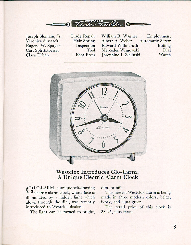 Westclox Tick Talk, October 1953, Vol. 38 No. 10 > 3. New Model: Glo-Larm Electric Alarm Clock. $8.95.