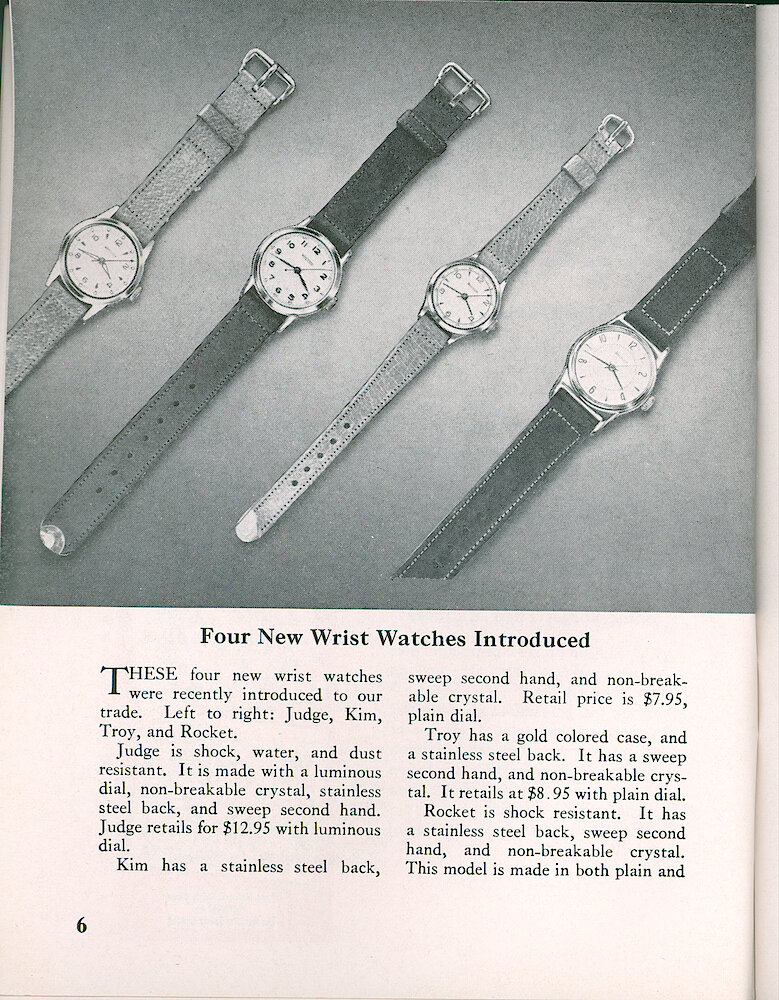 Westclox Tick Talk, October 1953, Vol. 38 No. 10 > 6. New Models: Four New Wrist Watches: Judge, Kim, Troy And Rocket.