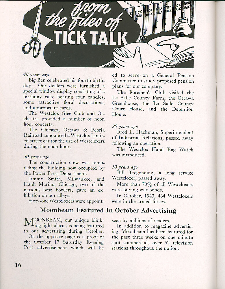 Westclox Tick Talk, October 1953, Vol. 38 No. 10 > 16. Marketing: Advertisement Caption: "Moonbeam Featured In October Advertising" Our October 17, 1953 Saturday Evening Post Ad Is On The Next Page.