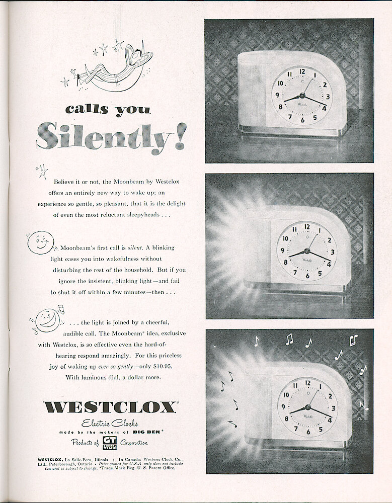 Westclox Tick Talk, October 1953, Vol. 38 No. 10 > 17. Advertisement: "Calls You Silently" Featuring Moonbeam. October 17, 1953 Saturday Evening Post.