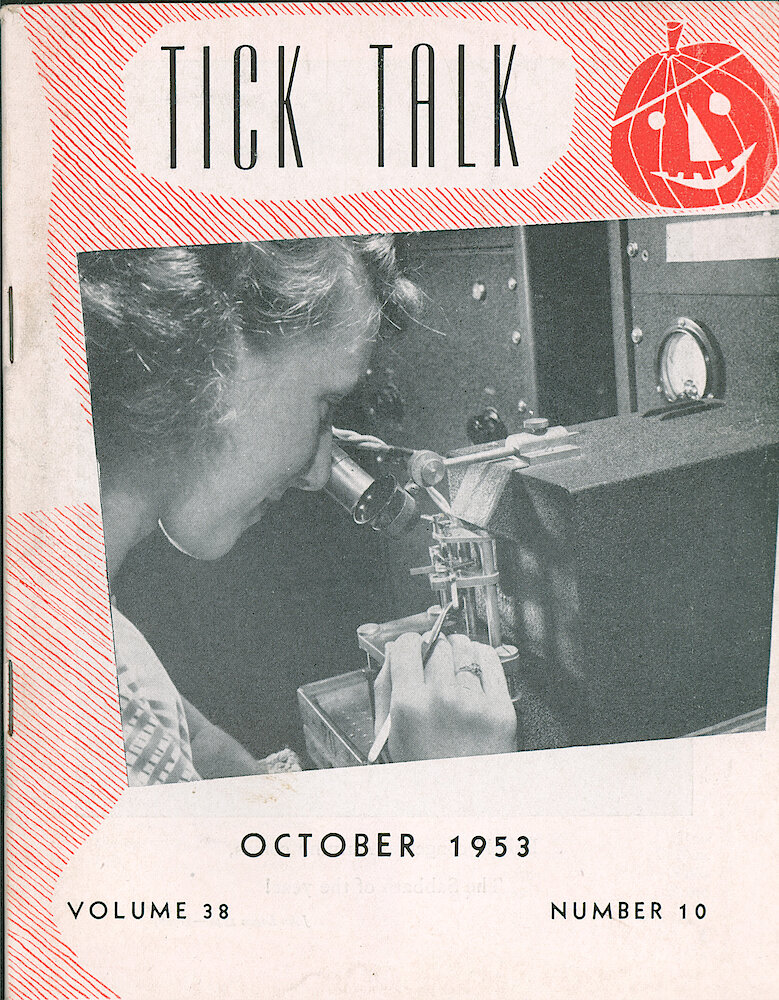 Westclox Tick Talk, October 1953, Vol. 38 No. 10 > F. Manufacturing: Barbara Campbell Vibrating Watch Balance Wheels In The Vibrating Department (caption On Page 1).