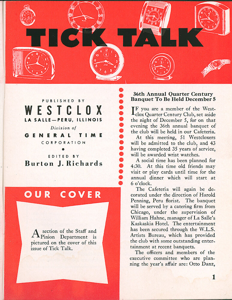 Westclox Tick Talk, November 1953, Vol. 38 No. 11 > 1. Cover Caption: A Section Of The Staff And Pinion Department.