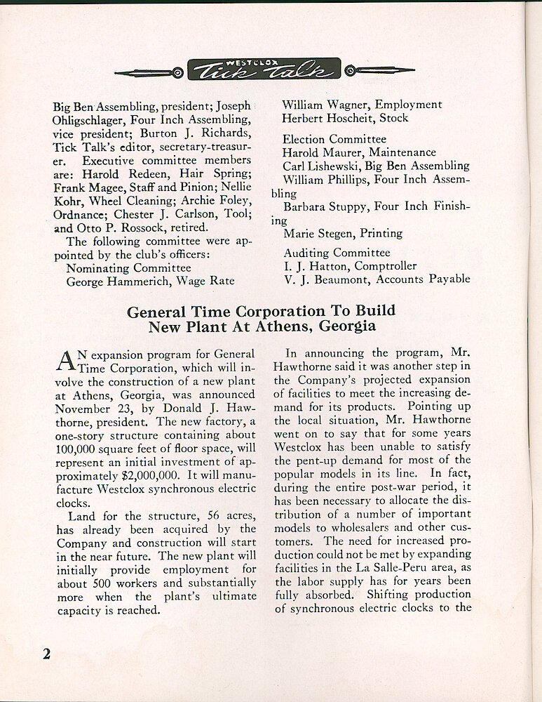 Westclox Tick Talk, November 1953, Vol. 38 No. 11 > 2. Corporate: "General Time To Build New Plant At Athens, Georgia"