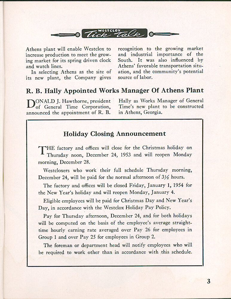 Westclox Tick Talk, November 1953, Vol. 38 No. 11 > 3. Corporate: "General Time To Build New Plant At Athens, Georgia"