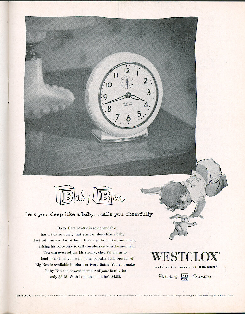 Westclox Tick Talk, November 1953, Vol. 38 No. 11 > 17. Advertisement: "Baby Ben Lets You Sleep Like A Baby . . . Calls You Cheerfully"