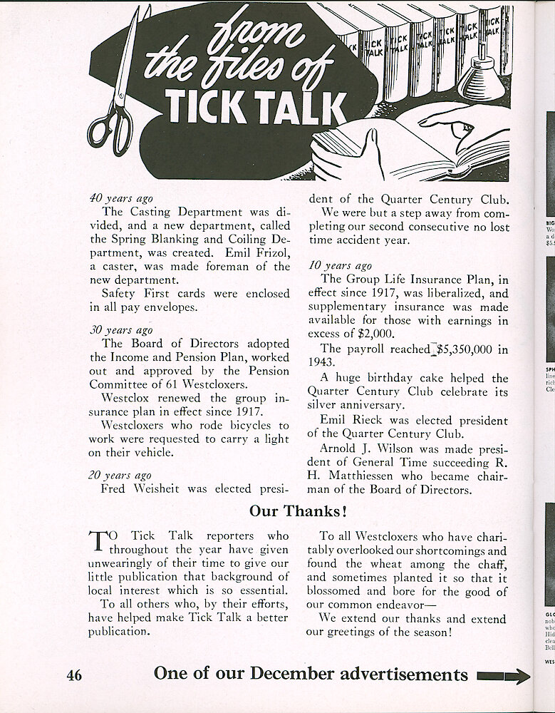 Westclox Tick Talk, December 1953, Vol. 38 No. 12 > 46. Advertisement Caption: "One Of Our December Advertisements" On The Next Page.