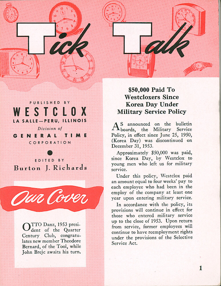 Westclox Tick Talk, January 1954, Vol. 39 No. 1 > 1. Cover Caption: Otto Danz, President Of The Quarter Century Club, Congratulates New Member Theodore Bernard, While John Brejc Waits His Turn.