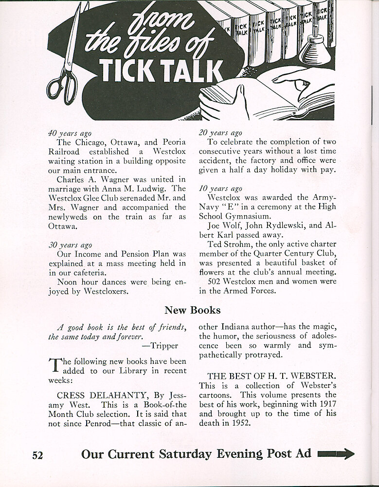 Westclox Tick Talk, January 1954, Vol. 39 No. 1 > 52. Advertisement Caption: "Our Current Saturday Evening Post Ad" Is On The Next Page.