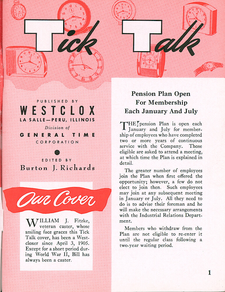 Westclox Tick Talk, February 1954, Vol. 39 No. 2 > 1. Cover Caption: William J. Fitzke In Casting, Joined Westclox In 1905.