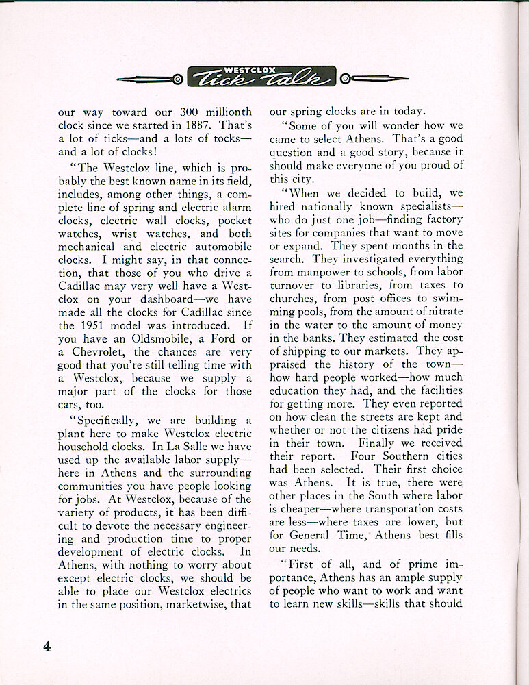 Westclox Tick Talk, February 1954, Vol. 39 No. 2 > 4. Corporate: Historical Article: "General Time President Hawthorne Addresses Athens Chamber Of Commerce"