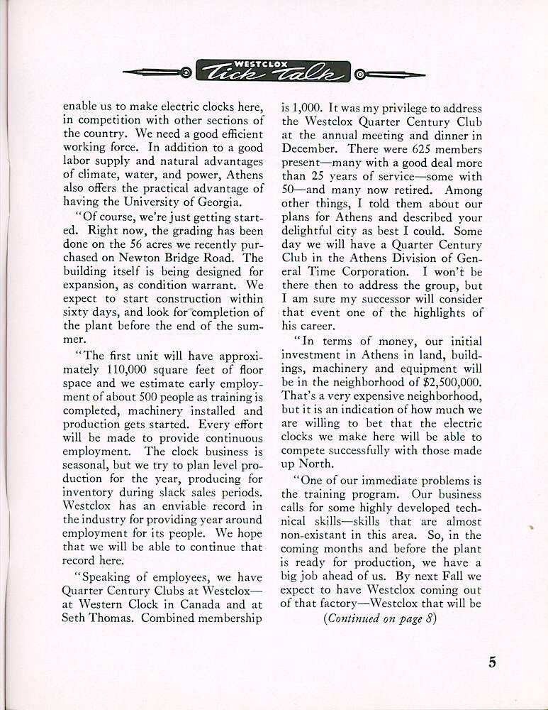 Westclox Tick Talk, February 1954, Vol. 39 No. 2 > 5. Corporate: Historical Article: "General Time President Hawthorne Addresses Athens Chamber Of Commerce"