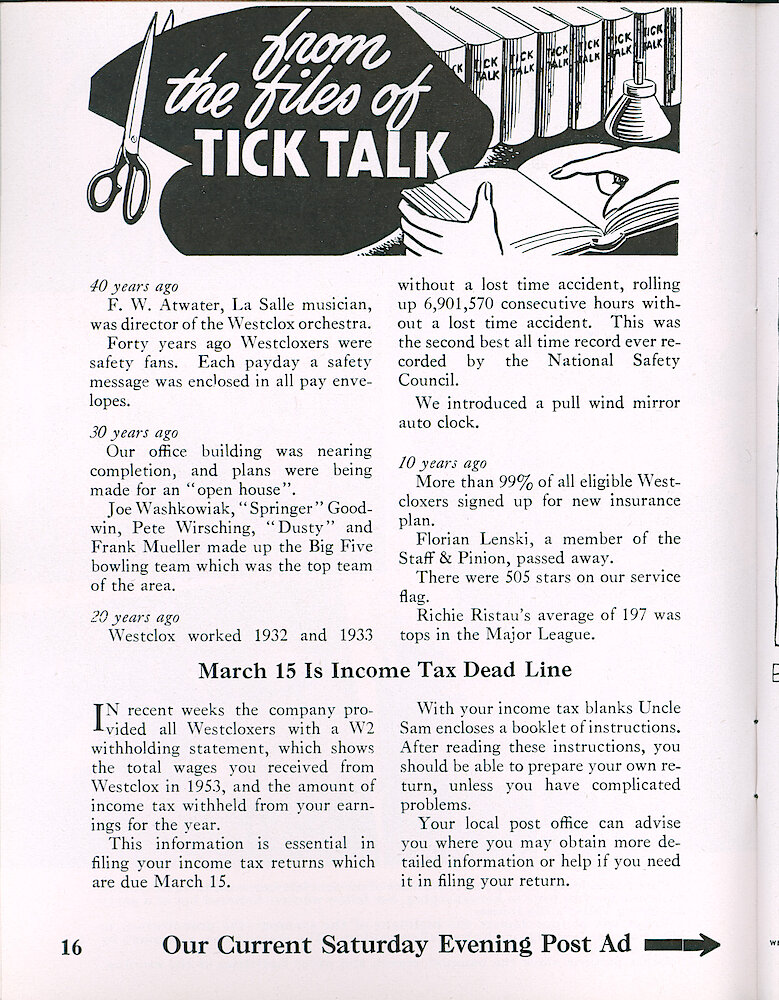 Westclox Tick Talk, February 1954, Vol. 39 No. 2 > 16. Advertisement Caption: "Our Current Saturday Evening Post Ad" On The Next Page.