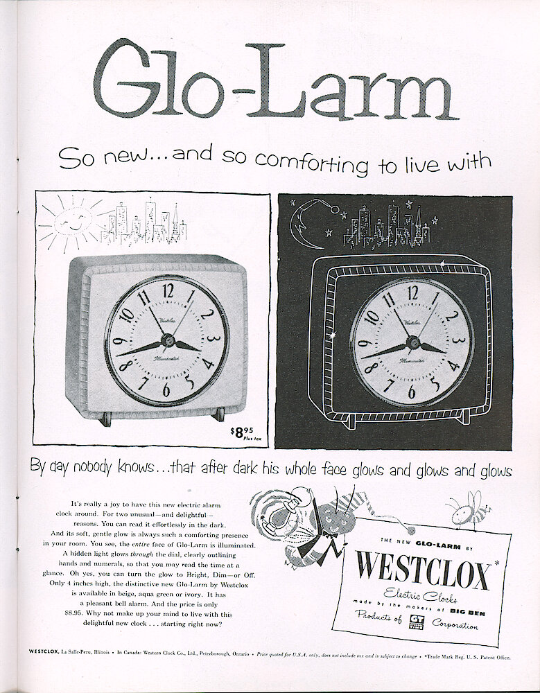 Westclox Tick Talk, February 1954, Vol. 39 No. 2 > 17. Advertisement: "Glo-Larm — So New . . . So Comforting To Live With" Saturday Evening Post.