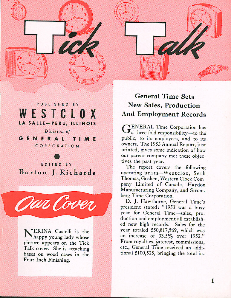 Westclox Tick Talk, March 1954, Vol. 39 No. 3 > 1. Cover Caption: Nerina Castelli Is Attaching Bases On Wood Cases In Four Inch Finishing.