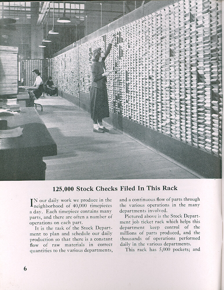 Westclox Tick Talk, March 1954, Vol. 39 No. 3 > 6. Manufacturing: "125,000 Stock Checks Filled This Rack" We Produce Around 40,000 Timepieces Per Day. Pictured Is The Stock Department Job Ticket Rack Which Helps This Department Keep Track Of Millions Of Parts Produced, And The Thousands Of Operations Performed Daily In The Various Departments. This ... 