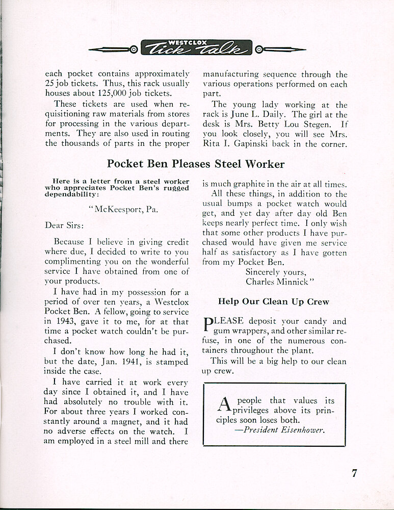 Westclox Tick Talk, March 1954, Vol. 39 No. 3 > 7. Manufacturing: "125,000 Stock Checks Filled This Rack"