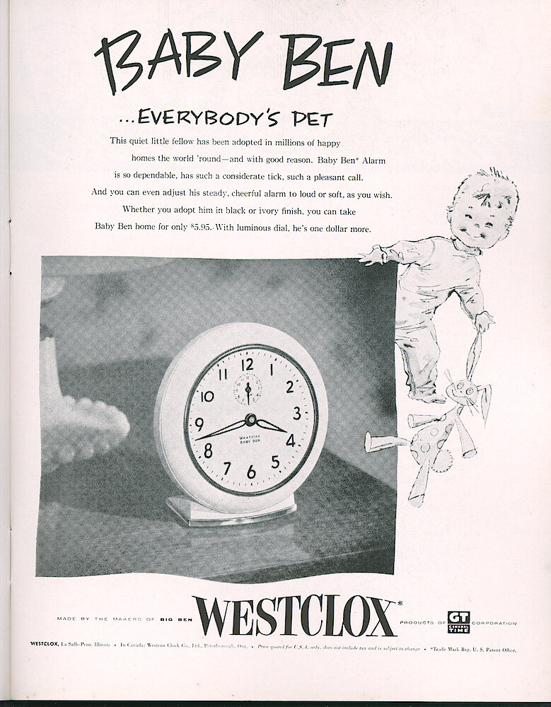 Westclox Tick Talk, March 1954, Vol. 39 No. 3 > 17. Advertisement: "Baby Ben . . . Everybody&039;s Pet"