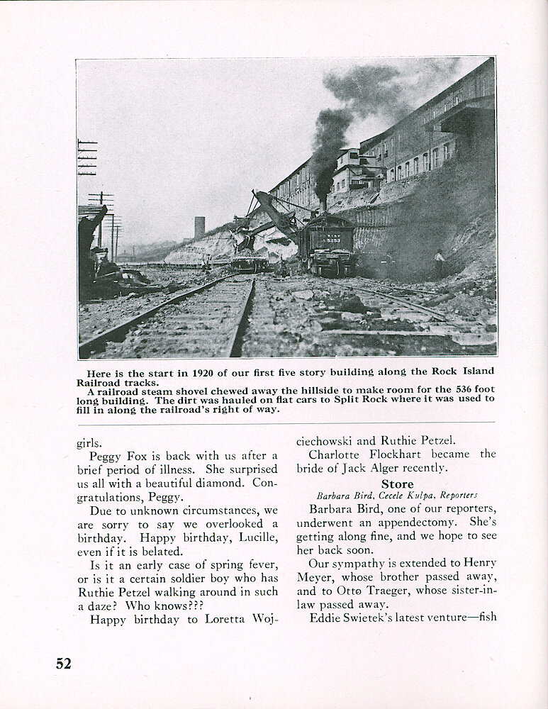 Westclox Tick Talk, March 1954, Vol. 39 No. 3 > 52. Historical Picture: "Here Is The Start In 1920 Of Our First Five Story Building Along The Rock Island Railroad Tracks."