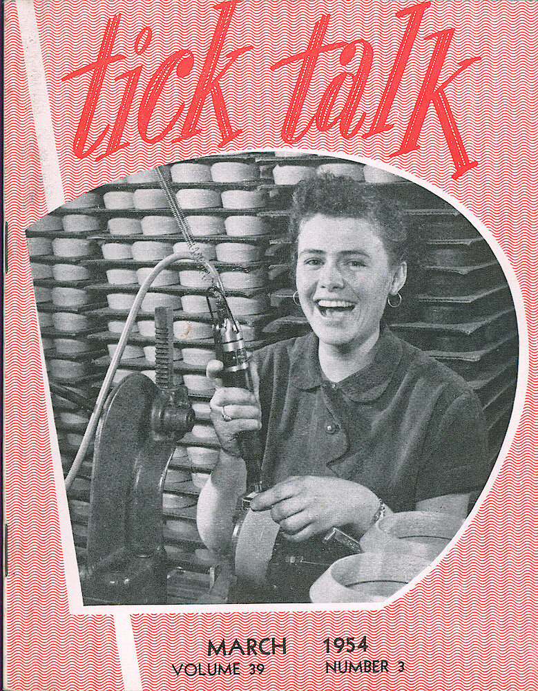 Westclox Tick Talk, March 1954, Vol. 39 No. 3 > F. Manufacturing: Nerina Castelli Is Attaching Bases On Wood Cases In Four Inch Finishing (caption On Page 1).