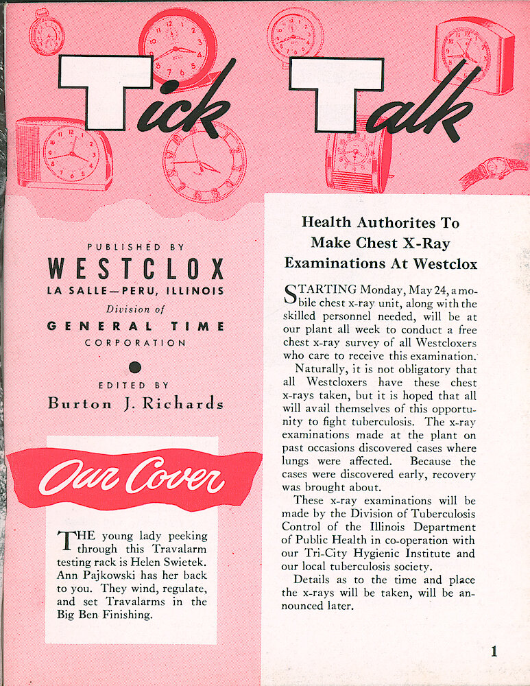 Westclox Tick Talk, April 1954, Vol. 39 No. 4 > 1. Cover Caption:  Helen Swietek (facing Us) And Helen Pajkowski Wind, Regulate And Set Travalarms In Big Ben Finishing.