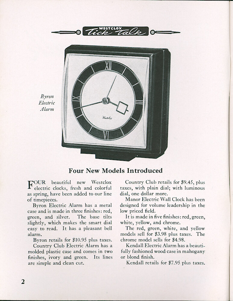 Westclox Tick Talk, April 1954, Vol. 39 No. 4 > 2. New Models: Byron Electric Alarm (pictured, Made In Red, Green And Silver Finishes); Country Club Electric Alarm; Manor Electric Wall Clock And Kendall Electric Alarm Clock.