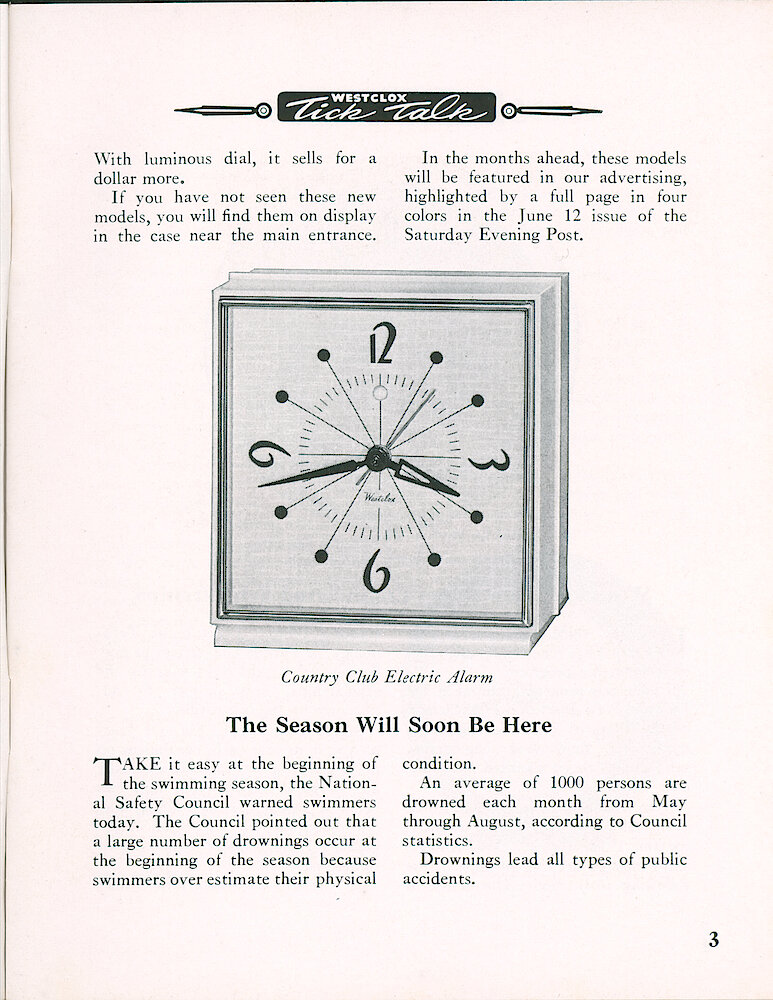 Westclox Tick Talk, April 1954, Vol. 39 No. 4 > 3. New Model: Country Club Electric Alarm, Made In Ivory And Green Finishes, Retails For $9.45 With Plain Dial, Luminous $1 More.