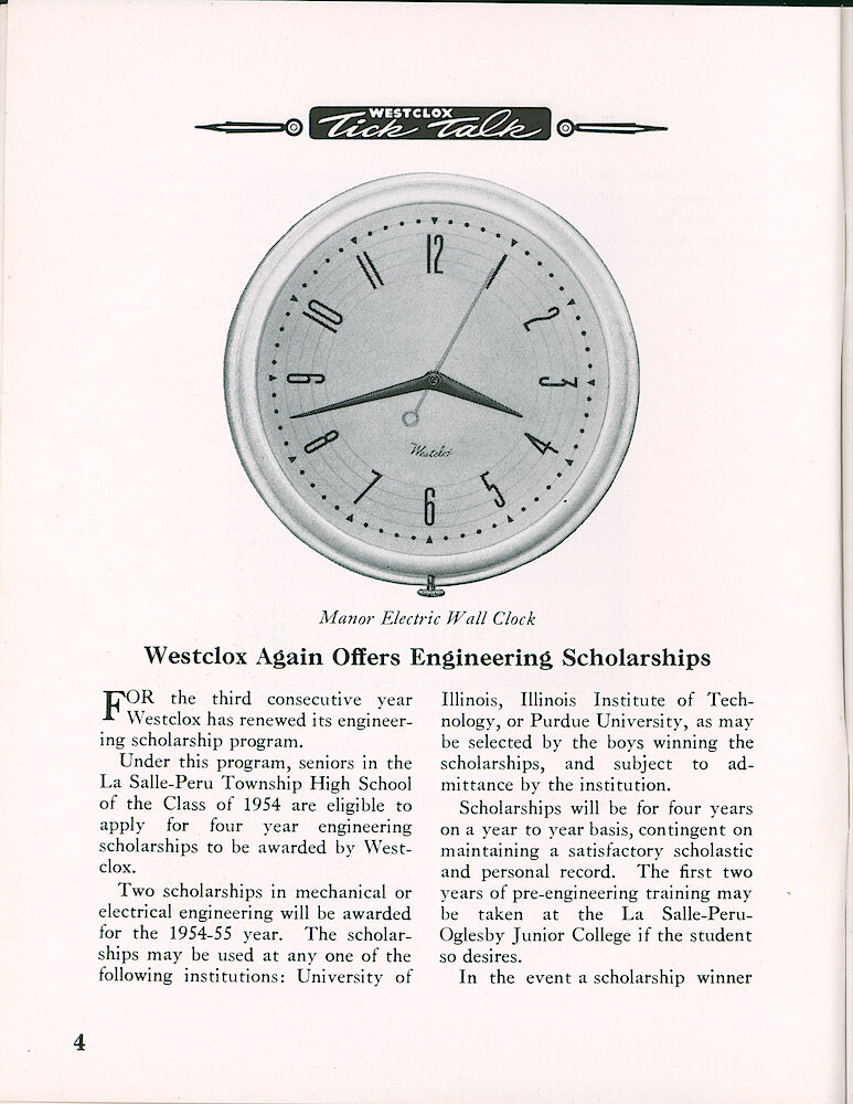 Westclox Tick Talk, April 1954, Vol. 39 No. 4 > 4. New Model: Manor Electric Wall Clock, Made In Five Finishes—red, Green, White, Yellow And Chrome; $3.98 For Red, Green, White, Yellow And $4.98 For Chrome.