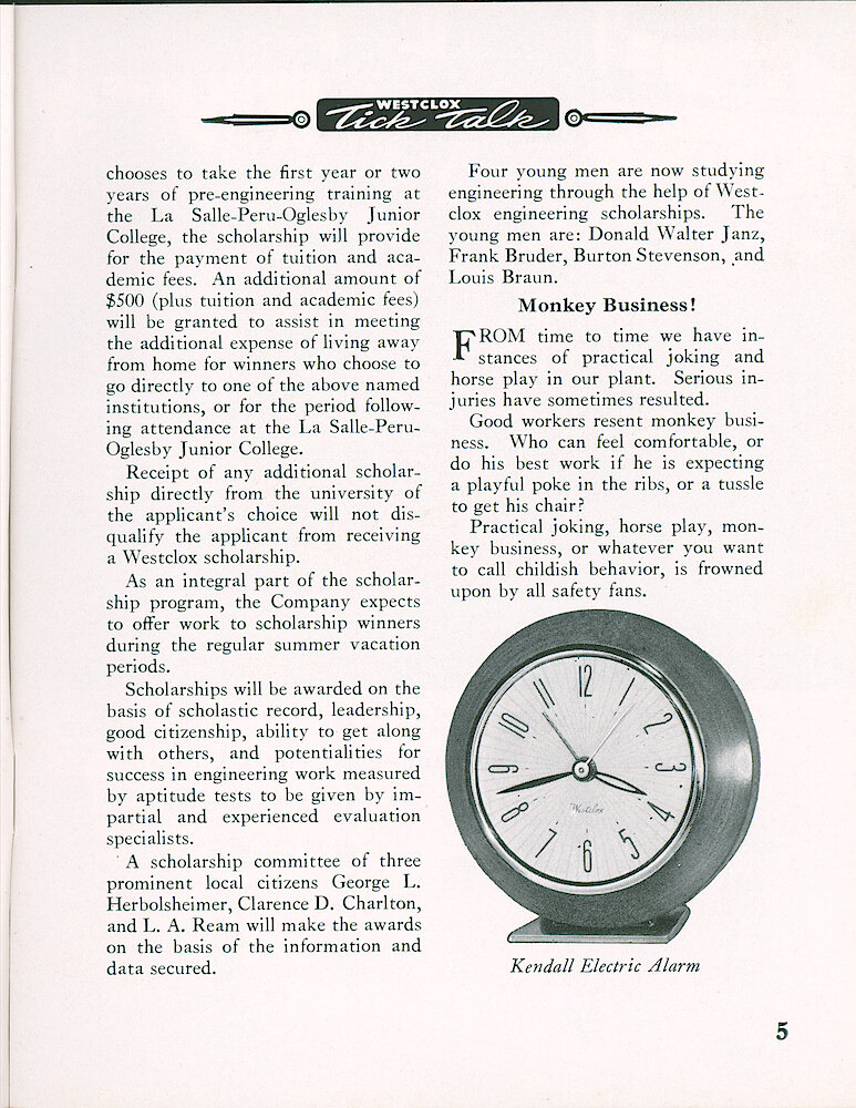 Westclox Tick Talk, April 1954, Vol. 39 No. 4 > 5. New Model: Kendall Electric Alarm Clock In Wood Case With Mahogany Or Blond Finish. Plain Dial $7.95, Luminous $8.95.