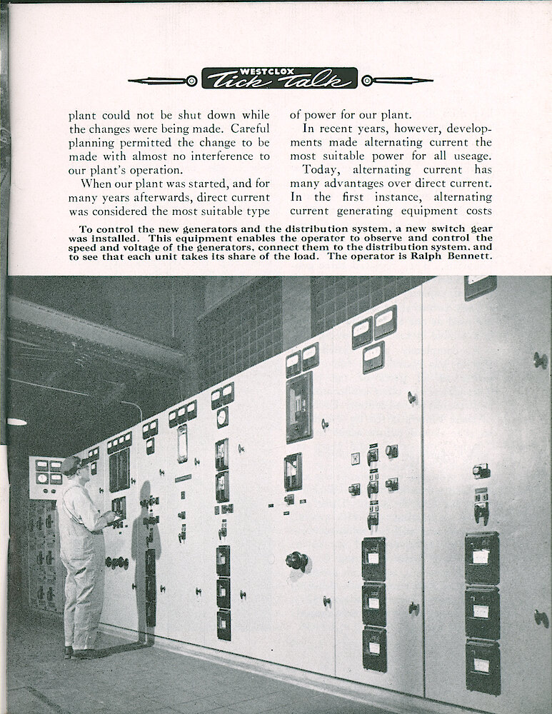 Westclox Tick Talk, April 1954, Vol. 39 No. 4 > 7. Factory: "Bloodstream Of The Plant — Our Power & Light" Compares Direct Current To Alternating Current Power.