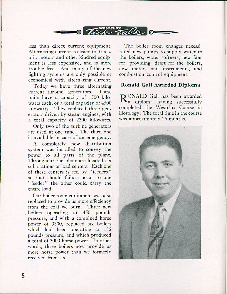 Westclox Tick Talk, April 1954, Vol. 39 No. 4 > 8. Factory: "Bloodstream Of The Plant — Our Power & Light"