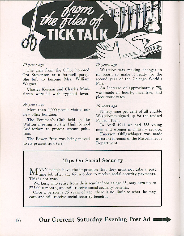 Westclox Tick Talk, April 1954, Vol. 39 No. 4 > 16. Advertisement Caption: "Our Current Saturday Evening Post Ad" On The Next Page.