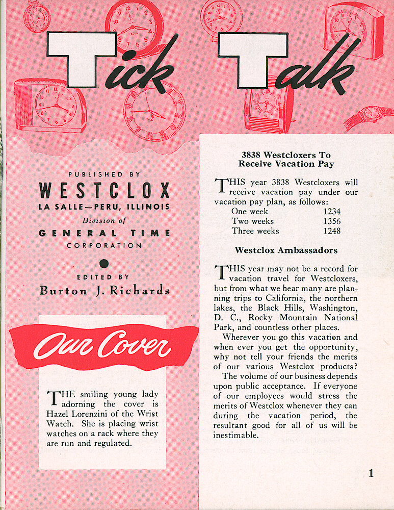 Westclox Tick Talk, June 1954, Vol. 39 No. 6 > 1. Cover Caption: Hazel Lorenzini Of The Wrist Watch Department Placing Watches On A Rack For Testing And Regulation.