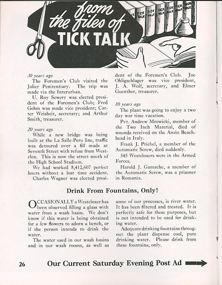 Westclox Tick Talk, June 1954, Vol. 39 No. 6 > 26. Advertisement Caption: "Our Current Saturday Evening Post Ad" On The Next Page.