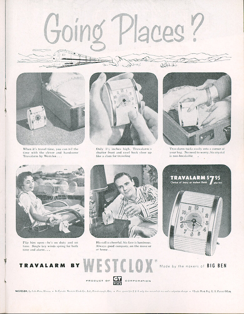 Westclox Tick Talk, June 1954, Vol. 39 No. 6 > 27. Advertisement: "Going Places Travalarm By Westclox, Makers Of Big Ben" Saturday Evening Post.