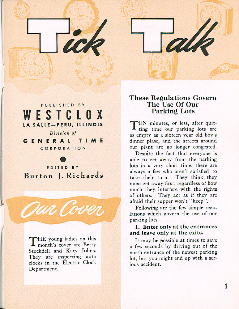 Westclox Tick Talk, October 1954, Vol. 39 No. 8 > 1. Cover Caption: Betty Stockdell And Katy John Inspect Auto Clocks In The Electric Clock Department.