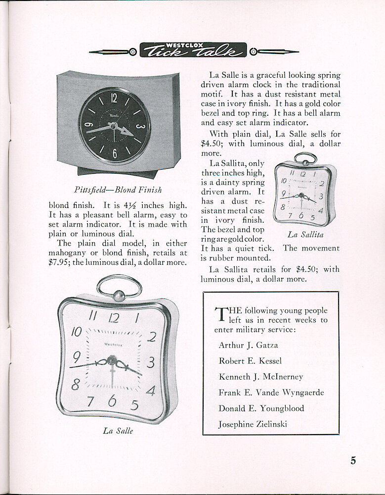 Westclox Tick Talk, October 1954, Vol. 39 No. 8 > 5. New Models: Pittsfield Electric Alarm In Wood Case, Mahogany Or Blond, Plain Dial $7.95, Luminous $8.95; La Salle, Metal Cushion-shaped Case, Ivory Finish, $4.50 And $5.50; La Sallita, Smaller (3" Tall) Alarm In Cushion-shaped Metal Case, Ivory Finish, $4.50 And $5.50.