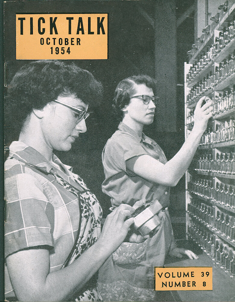 Westclox Tick Talk, October 1954, Vol. 39 No. 8 > F. Manufacturing: Betty Stockdell And Katy John Inspect Auto Clocks In The Electric Clock Department (caption On Page 1).