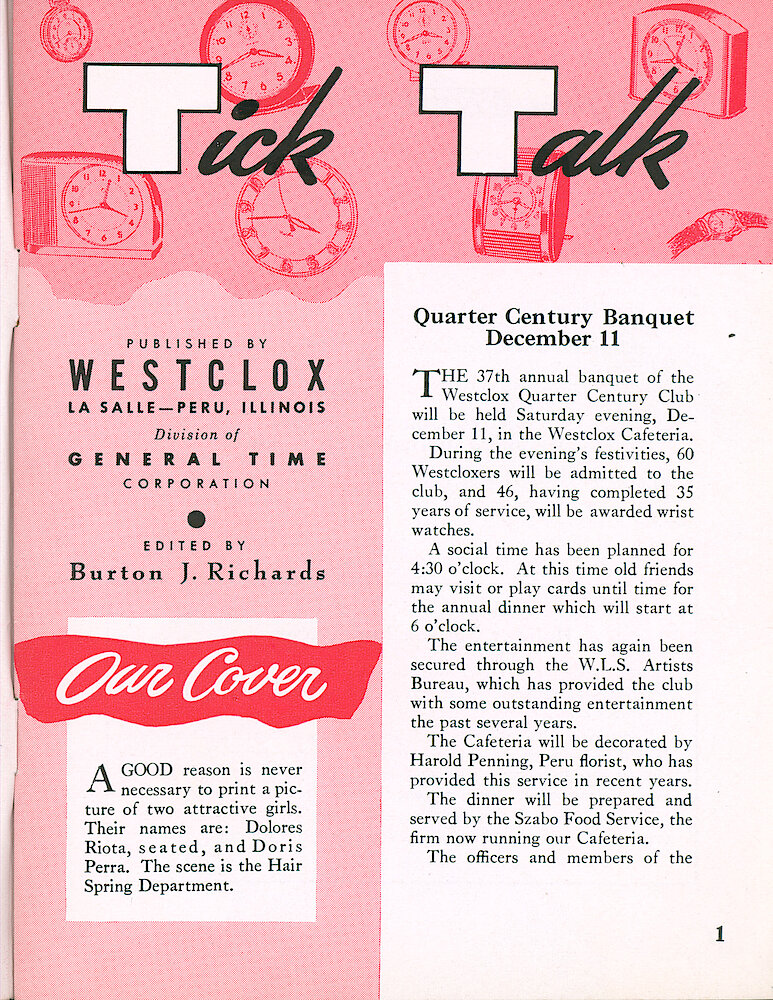 Westclox Tick Talk, November 1954, Vol. 39 No. 10 (actually is the 9th issue in 1954) > 1. Cover Caption: Dolores Riota (seated) And Doris Perra In The Hair Spring Department.