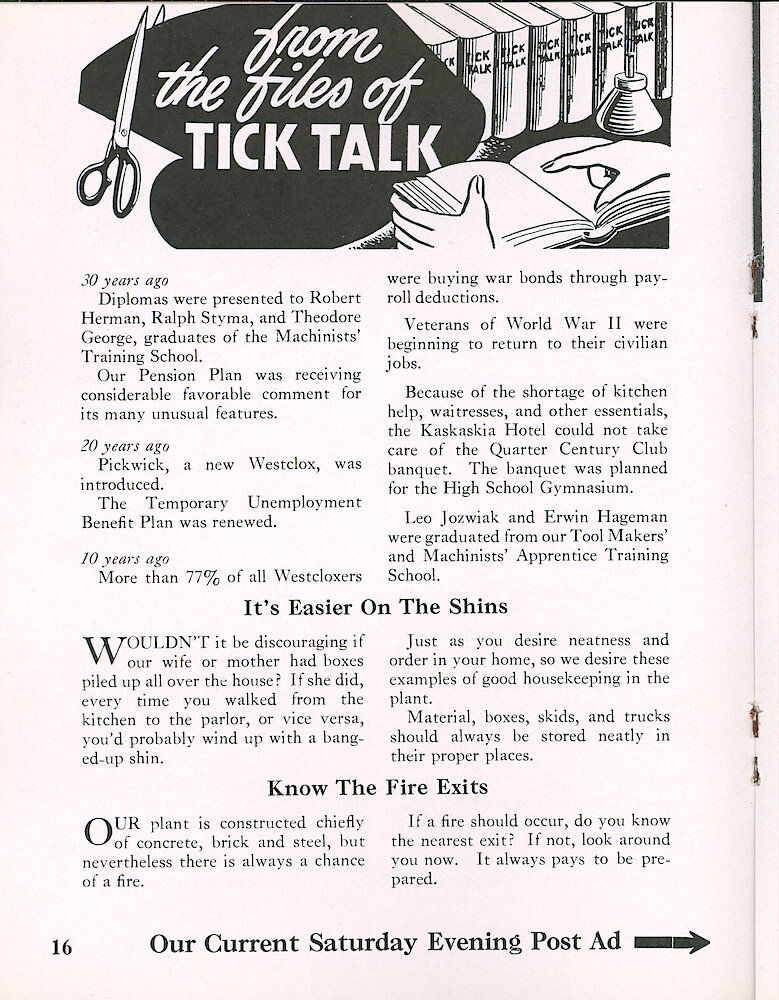 Westclox Tick Talk, November 1954, Vol. 39 No. 10 (actually is the 9th issue in 1954) > 16. Advertisement Caption: "Our Current Saturday Evening Post Ad" Is On The Next Page.