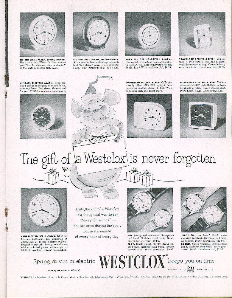 Westclox Tick Talk, November 1954, Vol. 39 No. 10 (actually is the 9th issue in 1954) > 17. Advertisement: "The Gift Of A Westclox Is Never Forgotten" Shows Big Ben Chime And Loud Alarm, Baby Ben, Travalarm, Kendall, Moonbeam, Sleepmeter, Prim, Kim, Troy, Judge And Rocket. Saturday Evening Post.