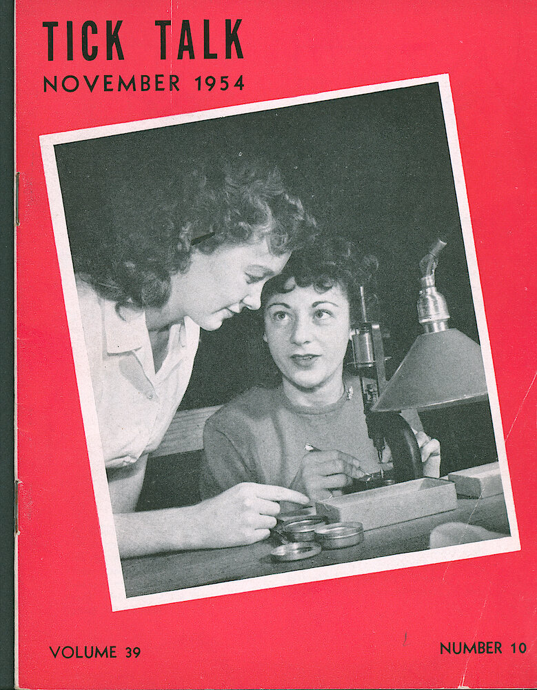 Westclox Tick Talk, November 1954, Vol. 39 No. 10 (actually is the 9th issue in 1954) > F. Manufacturing: Dolores Riota (seated) And Doris Perra In The Hair Spring Department (caption On Page 1).