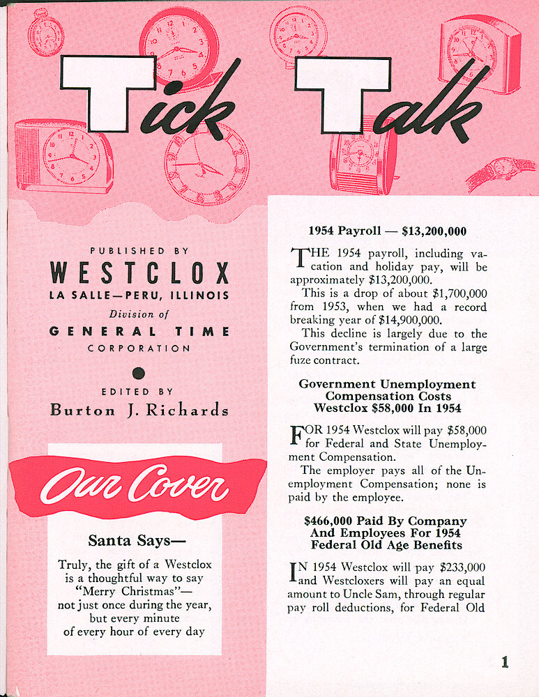 Westclox Tick Talk, December 1954, Vol. 39 Christmas 1954 Issue > 1. Caption For Christmas Cover