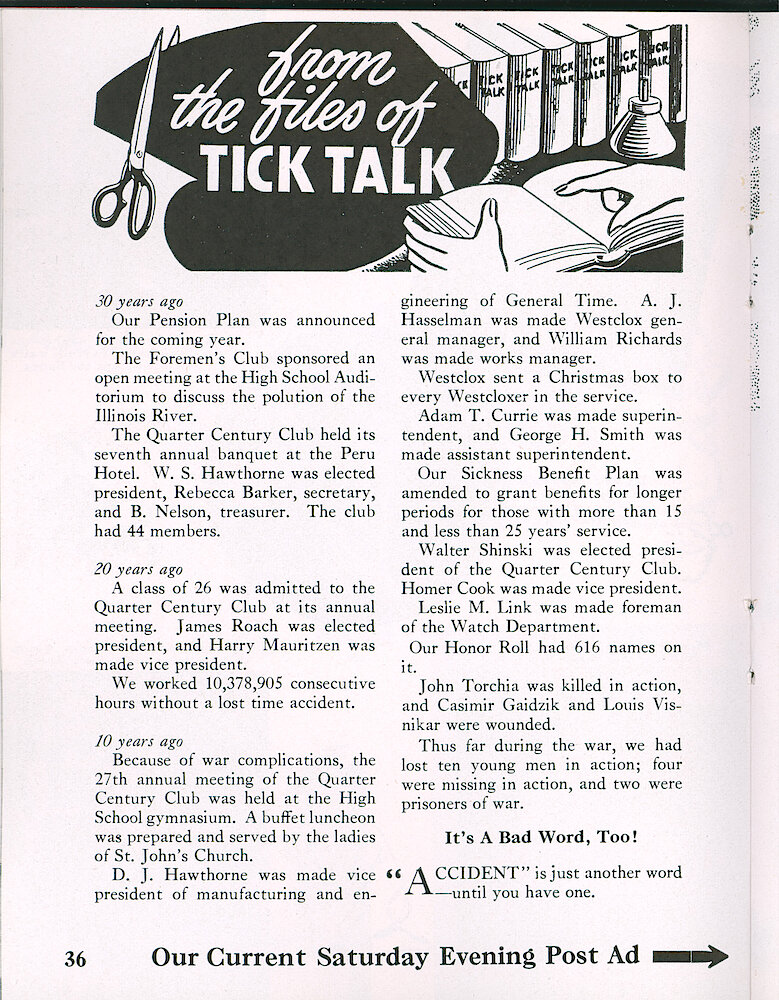 Westclox Tick Talk, December 1954, Vol. 39 Christmas 1954 Issue > 36. Advertisement Caption: "Our Current Saturday Evening Post Ad" Is On The Next Page.