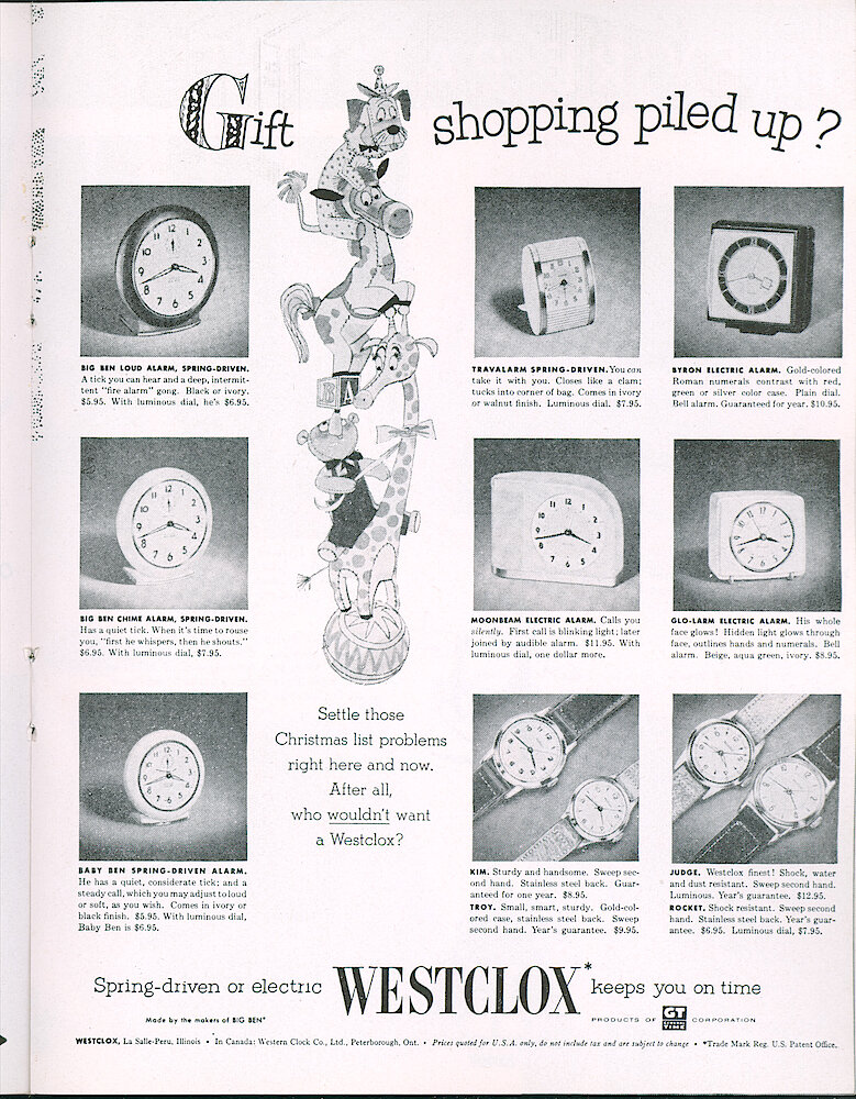 Westclox Tick Talk, December 1954, Vol. 39 Christmas 1954 Issue > 37. Advertisement: "Gift Shopping Piles Up" Shows Big Ben Loud Alarm, Travalarm, Byron Electric Alarm, Big Ben Chime Alarm, Moonbeam, Glo-Larm, Baby Ben, Kim, Troy, Judge And Rocket. Saturday Evening Post.