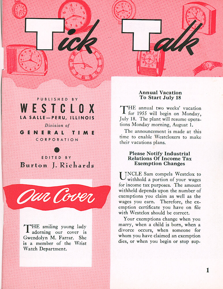 Westclox Tick Talk, January 1955, Vol. 40 No. 1 > 1. Cover Caption: Gwendolyn M. Farrar Of The Wrist Watch Department.