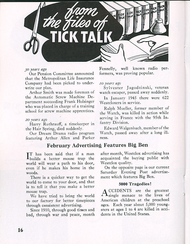 Westclox Tick Talk, January 1955, Vol. 40 No. 1 > 16. Marketing: Advertisement Caption: "February Advertising Features Big Ben" Our Current Saturday Evening Post Ad Is On The Next Page.