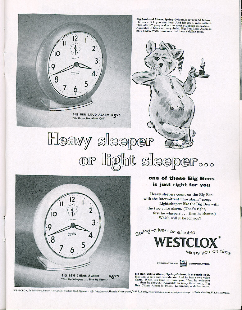 Westclox Tick Talk, January 1955, Vol. 40 No. 1 > 17. Advertisement: "Heavy Sleeper Or Light Sleeper . . . One Of These Big Bens Is Just Right For You" Saturday Evening Post.