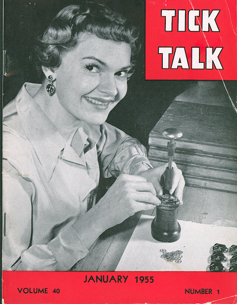 Westclox Tick Talk, January 1955, Vol. 40 No. 1 > F. Manufacturing: Gwendolyn M. Farrar Of The Wrist Watch Department (caption On Page 1).