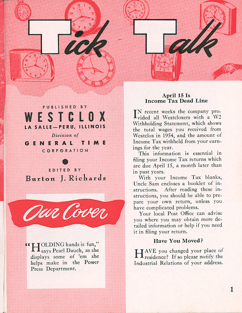 Westclox Tick Talk, February 1955, Vol. 40 No. 2 > 1. Cover Caption: Pearl Dutch Holds Hands She Made In The Power Press Department.