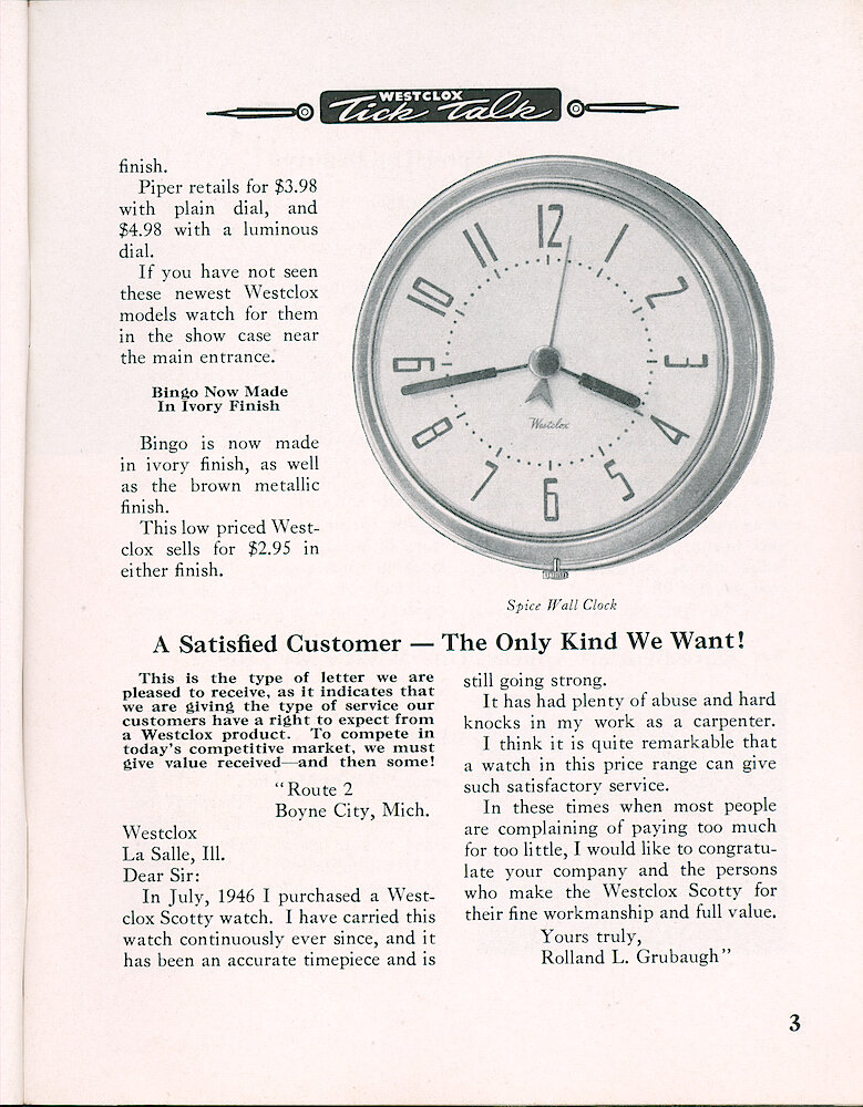 Westclox Tick Talk, February 1955, Vol. 40 No. 2 > 3. New Model: Picture Of The New Spice Wall Clock. New Model: Bingo Now Made In Ivory Finish As Well As The Metallic Brown (actually Gray) Finish. (but I Thought The Ivory Finish Started In 1939)